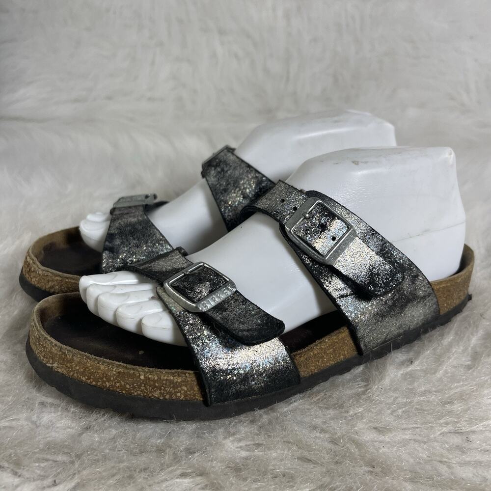 Birkenstock Arizona EU38 , US 7 Regular Black Silver Metallic Leather Sandals